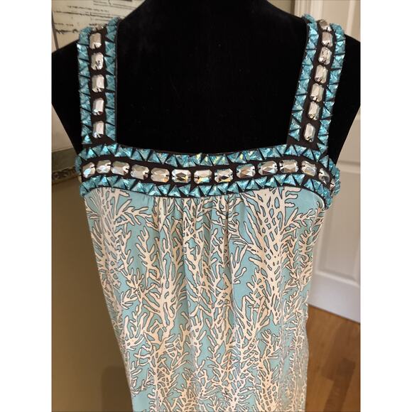 TORY BURCH Print sea coral turquoise blue beaded neckline silk knit midi sz M - Picture 2 of 9